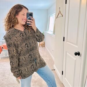 NWT Deadstock Nancy Crystal Vintage Brown Black Silk Printed Tunic Top 12